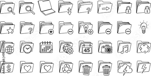 Hand-Drawn Folder Icons: Search, Arrow, Lock, Star, Globe, Calendar, Camera, Recycle Bin, and More