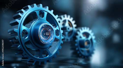 Business process automation concept with digital transformation strategy, robotic process automation technology with virtual gears and AI icons, workflow efficiency concept, with