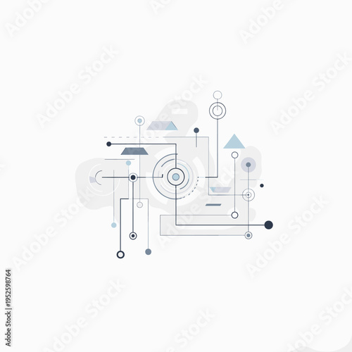 Abstract geometric network of lines, circles, and triangles in shades of blue and gray on a white background, representing data flow or connections.