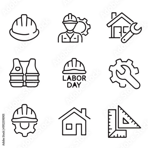 Labor Day Construction Icon Grid – Minimalist Line Style