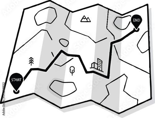 Folded Map with Start and End Pins Showing a Winding Route.