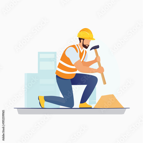 Construction worker kneeling hammering stone isolated on white background