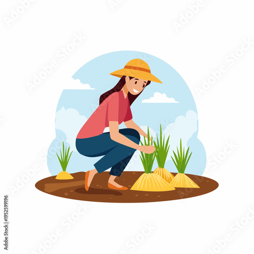 Woman tending crops outdoors vector illustration