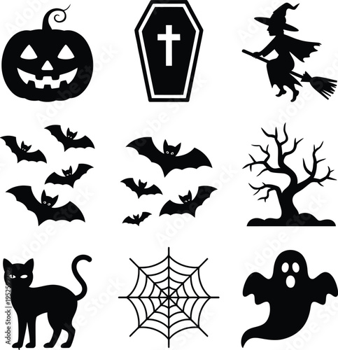 Classic halloween icons collection in black and white silhouette style