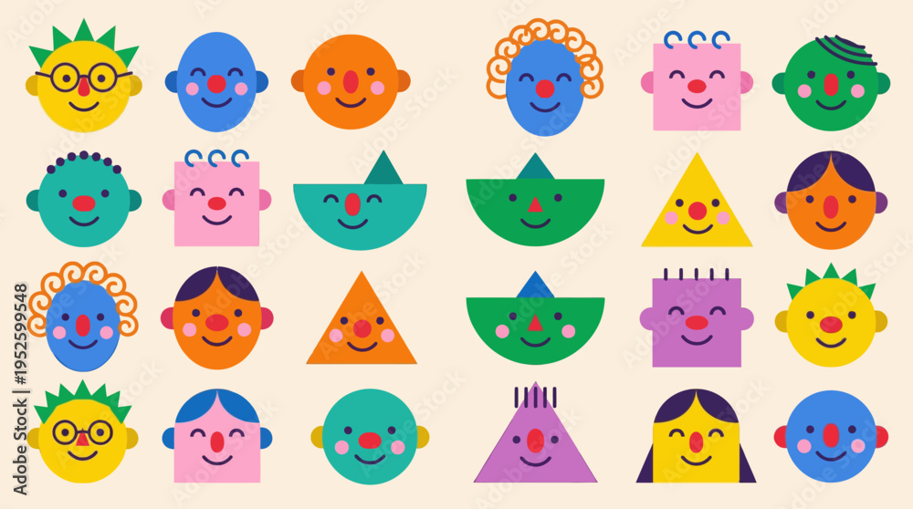 Obraz premium Colorful cartoon faces with shapes.