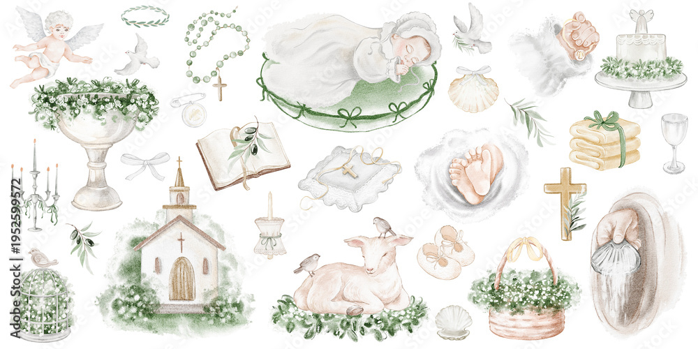 Obraz premium Baptism watercolor set baby, cross, lamb, candle, angel. Christening symbols eucalyptus wreath, olive branch, chalice, dove, shell. For invitations, cards first communion Easter church events