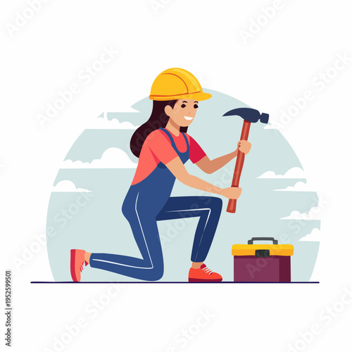Woman kneeling with hammer and toolbox construction illustration