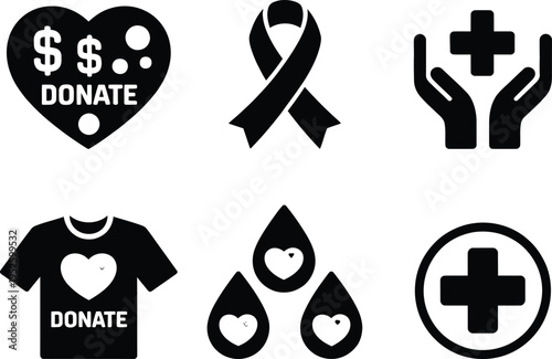 Black and white icons representing charitable donations and blood donation efforts