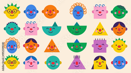 Colorful cartoon faces with shapes.
