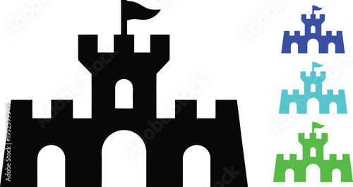 Illustration of a castle with three different colored variations beside it