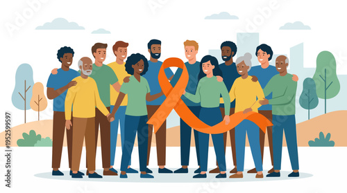 Diverse group holding orange ribbon.