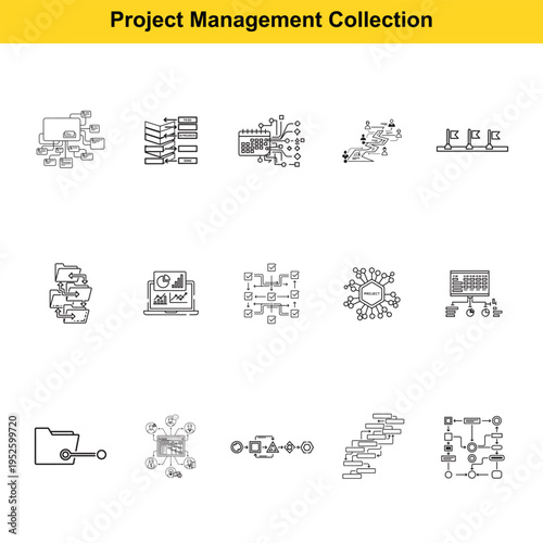 Project management icon set displaying workflow diagrams, task dependencies, document organization, Gantt charts, and laptop-based scheduling tools for business planning.