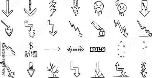 Hand-drawn set of downward arrows, negative trends, crisis indicators, and business decline icons collection