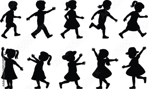 Children silhouettes, playful poses, running motion, dancing figure, joyful energy, childhood activity, expressive body language, dynamic design, fun art, liveliness