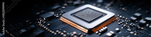 Minimalist close up of silver computer chip on black circuit board with copper connectors and detailed electronic components, showcasing modern technology and precision