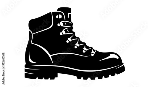 Stylized hiking boot silhouette vector with rugged sole for outdoor and trekking design isolated on white background