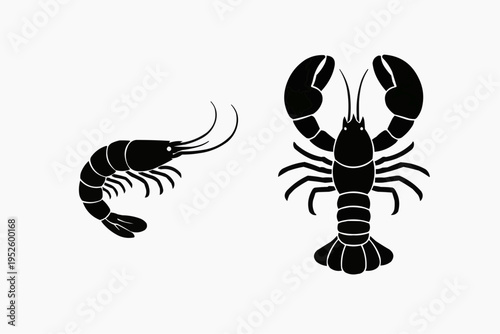 Minimalist shrimp and lobster silhouettes, clean vector style, solid black shapes, isolated on pure white background.