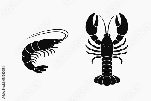 Minimalist shrimp and lobster silhouettes, clean vector style, solid black shapes, isolated on pure white background.