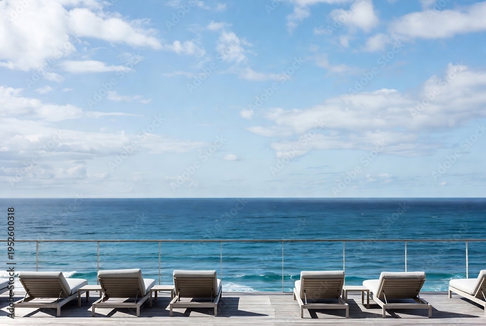Obraz premium Sun loungers on a balcony overlooking the ocean. People are relaxing, enjoying the view. A coastal resort area.