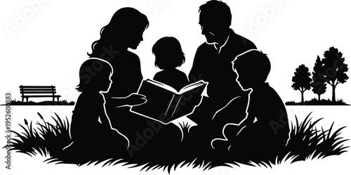 A loving family enjoys quality time together outdoors reading a captivating story in the park