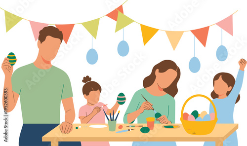 Happy family painting Easter eggs at home, parents and children celebrating holiday with creative workshop