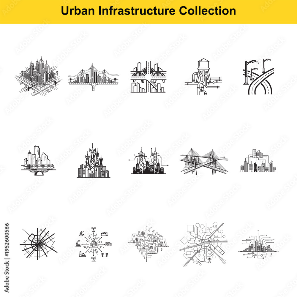 Fototapeta premium A set of detailed line drawings showcases different perspectives of urban infrastructure, including city skylines, bridges, road networks, and essential public utility structures.