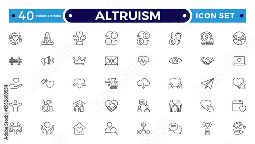 Altruism outline Icon Set. Charity, Donation, Kindness, Community Support, and Humanitarian Line Vector Icons. Editable stroke outline icon.
