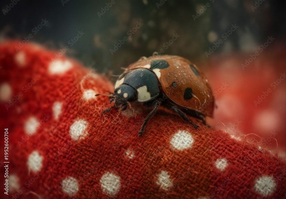 Obraz premium ladybug crawling on a red and white polka dot knit fabric.