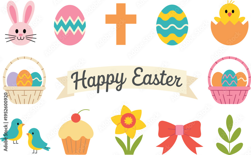Fototapeta premium Happy Easter vector icon collection with bunny, eggs, cross, baskets, chick, birds, and spring floral elements