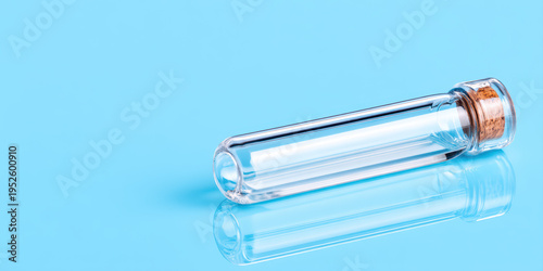 Small glass vial clear container cork stopper blue background reflection laboratory equipment minimal style close up sealed test tube transparent bottle