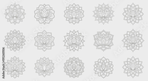 Collection of intricate lotus flower mandala icons, symbolizing purity and enlightenment, presented in a delicate, ornamental linework style for spiritual and wellness applications