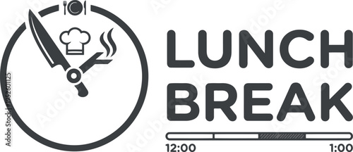 A lunch break concept with a clock featuring kitchen utensils and text indicating mealtime