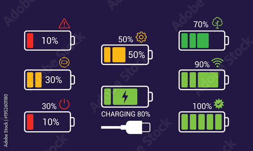 A comprehensive set of battery charge level indicators displaying various power statuses and charging modes