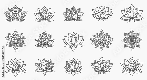 Elegant collection of stylized lotus flower vector icons, featuring intricate mandala designs perfect for decorative elements, spiritual themes, and oriental wellness concepts