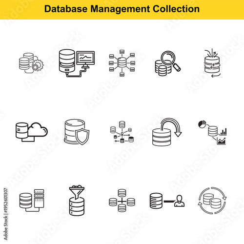 A set of monochrome outline icons depicts different aspects of database management, including security, filtering, synchronization, and data storage systems.
