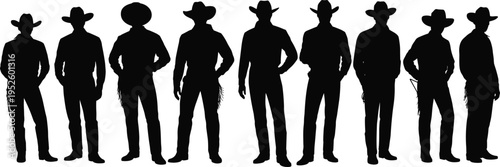 Cowboy silhouettes, western attire, wide-brimmed hats, boots and chaps, frontier culture, American West, rustic fashion, relaxed stance, iconic figure, tradition