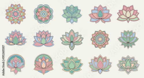 Collection of assorted lotus and mandala vector icons in pastel colors on a light background
