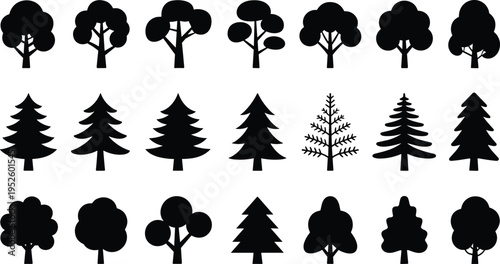 Tree silhouettes, deciduous trees, coniferous trees, forest icons, nature illustration, environmental design, botanical art, landscape element, organic structure, diversity