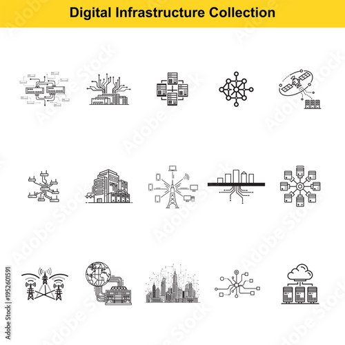 A compilation of conceptual line icons outlines the foundational elements and distributed architecture comprising modern digital infrastructure and data centers.