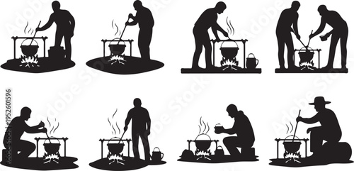 Silhouettes of people cooking outdoors in various positions and actions