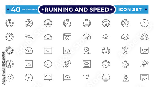 Running and Speed outline Icons Set. Sprint, Marathon, Athlete Training, Fitness Motion and Fast Movement Vector Collection. Editable stroke outline icon.
