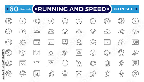 Running and Speed outline Icons Set. Sprint, Marathon, Athlete Training, Fitness Motion and Fast Movement Vector Collection. Editable stroke outline icon.
