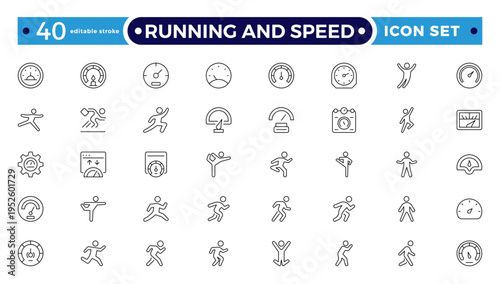 Running and Speed outline Icons Set. Sprint, Marathon, Athlete Training, Fitness Motion and Fast Movement Vector Collection. Editable stroke outline icon.

