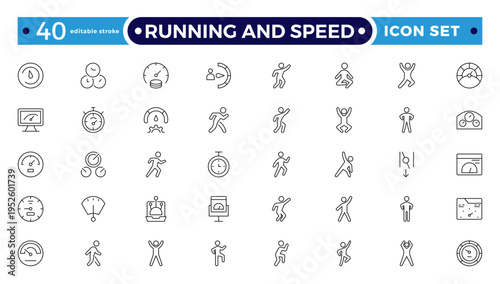 Running and Speed outline Icons Set. Sprint, Marathon, Athlete Training, Fitness Motion and Fast Movement Vector Collection. Editable stroke outline icon.
