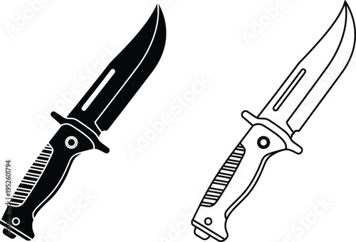 Tactical Combat Knife Silhouette and Line Art Icon Vector