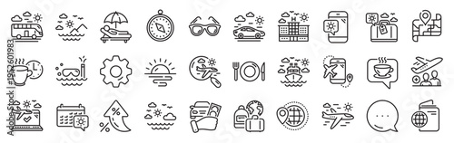 Travel line icons. Settings gear, Message, Inflation icons. Passport, Luggage, Check in airport icons. Airplane flight, Sunglasses, Hotel building. Passport check in document, Sea diving. Vector