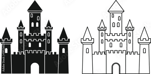 Black and White Castle Silhouette Icon Set Vector