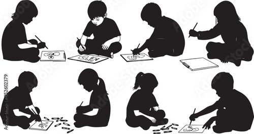 Children sitting and drawing on paper in black silhouettes