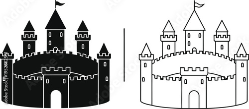Castle Silhouette and Outline Icon Set Vector