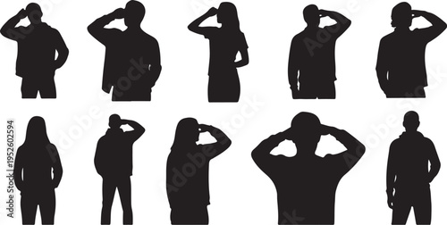 Silhouettes of people in various poses and hand gestures